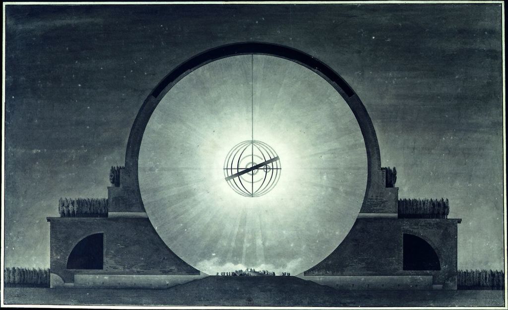 A night section through a giant spherical memorial shows a bright central armillary-like object radiating light through the interior above a line of tiny visitors.
