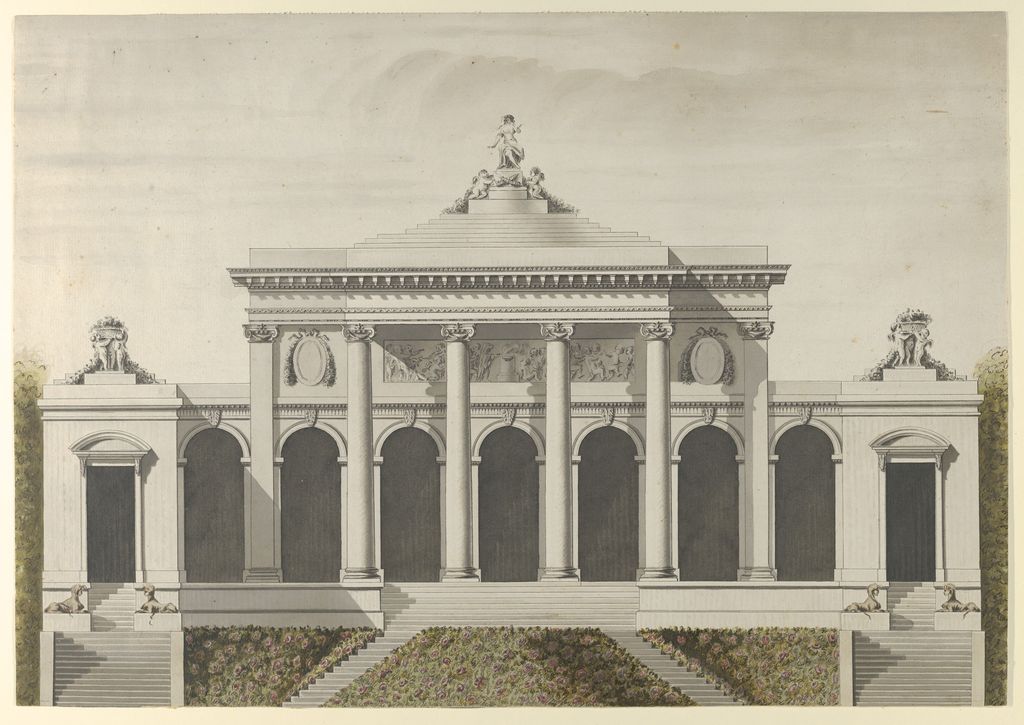 A pale architectural elevation shows a symmetrical garden façade with six tall columns, dark arched openings, side pavilions, broad stairs, low flower beds and sculpture along the roofline.