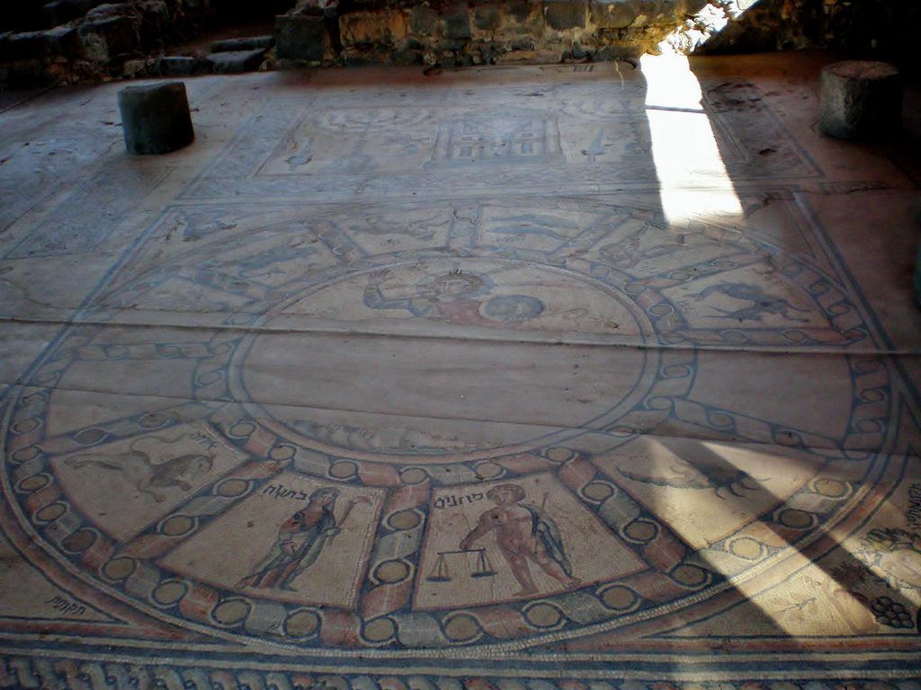 A worn circular floor mosaic contains labelled zodiac figures and a central chariot scene, surrounded by rectangular panels in an excavated interior.