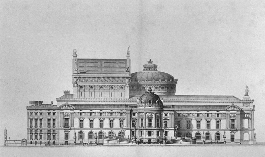 A monochrome architectural elevation shows a long opera house with projecting pavilion, domes and a very tall stage block behind the public wings.