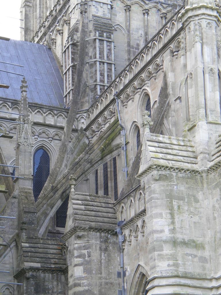 Flying buttresses on Salisbury Cathedral, Wiltshire, England, showing buttress pinnacle cathedral.