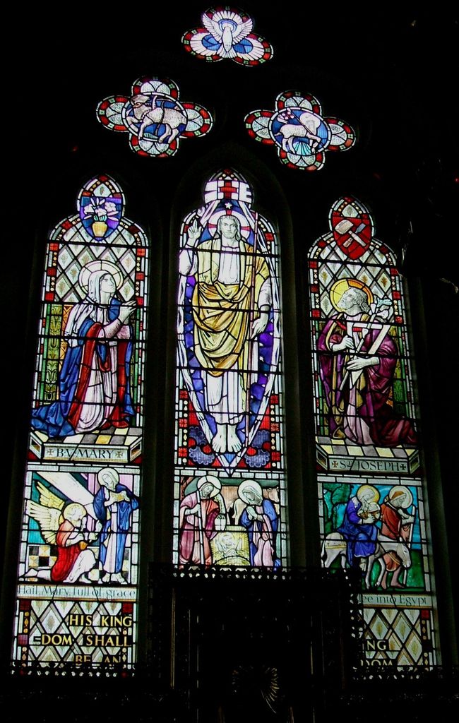 East window of St Michael the Archangel parish church, Two Mile Hill, Bristol, England, showing quatrefoil window Gothic.