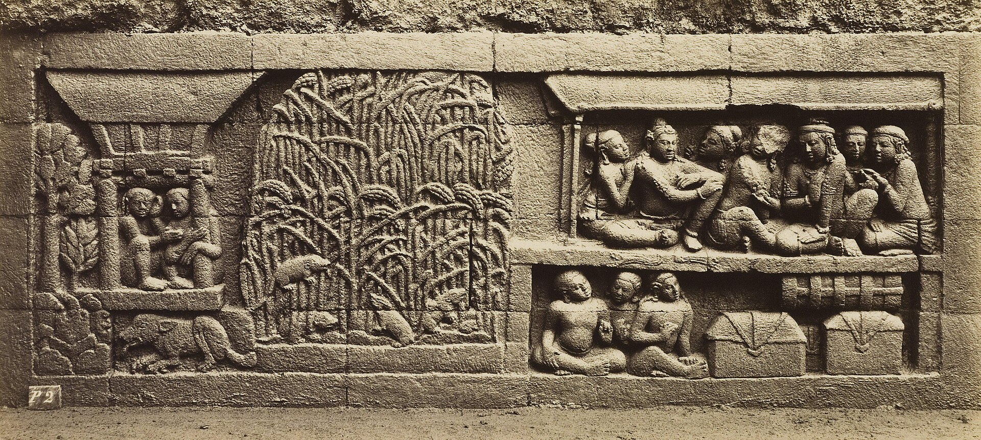 Kassian Cephas’s 1890–91 photograph of an excavated concealed-foot relief showing a tree, rice-store-like structure and seated people.