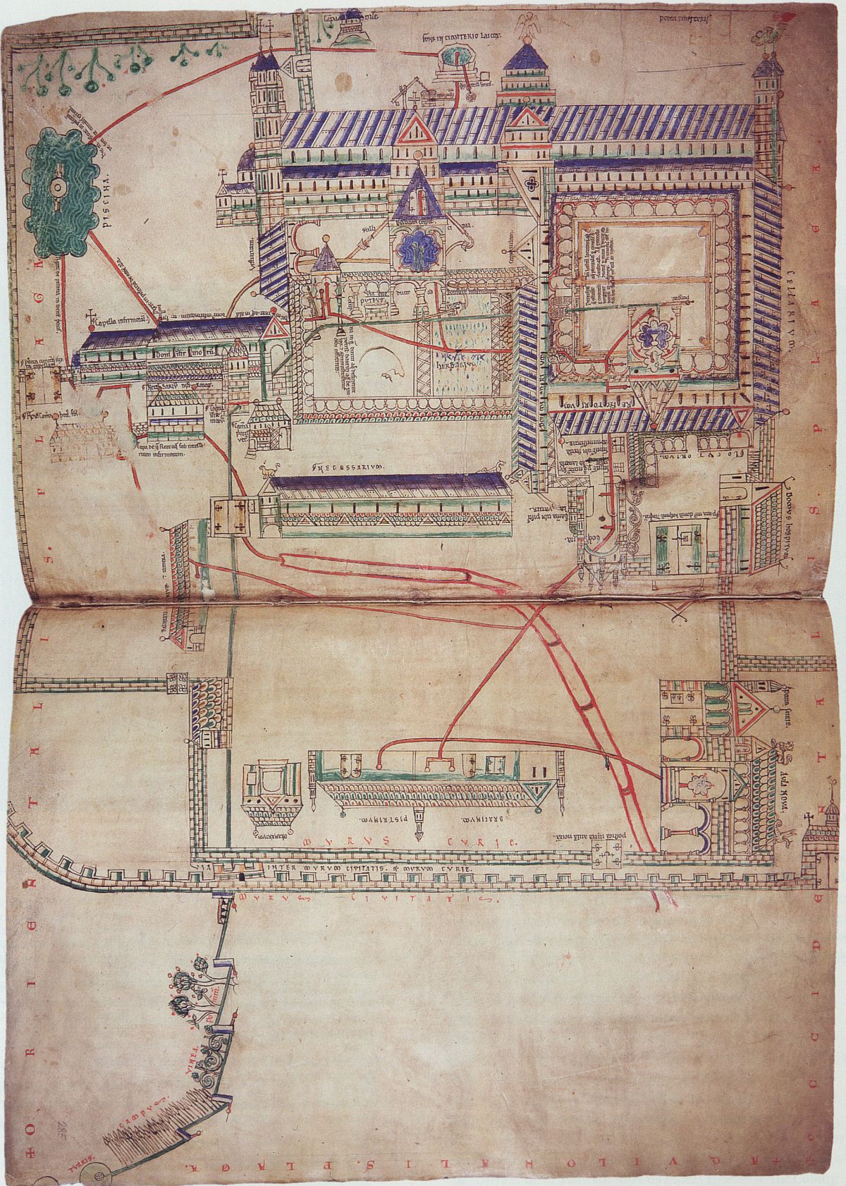 The Eadwine Psalter waterworks image shows red and green conduit lines running among the cathedral priory's churches, cloister, infirmary, kitchens and service buildings.
