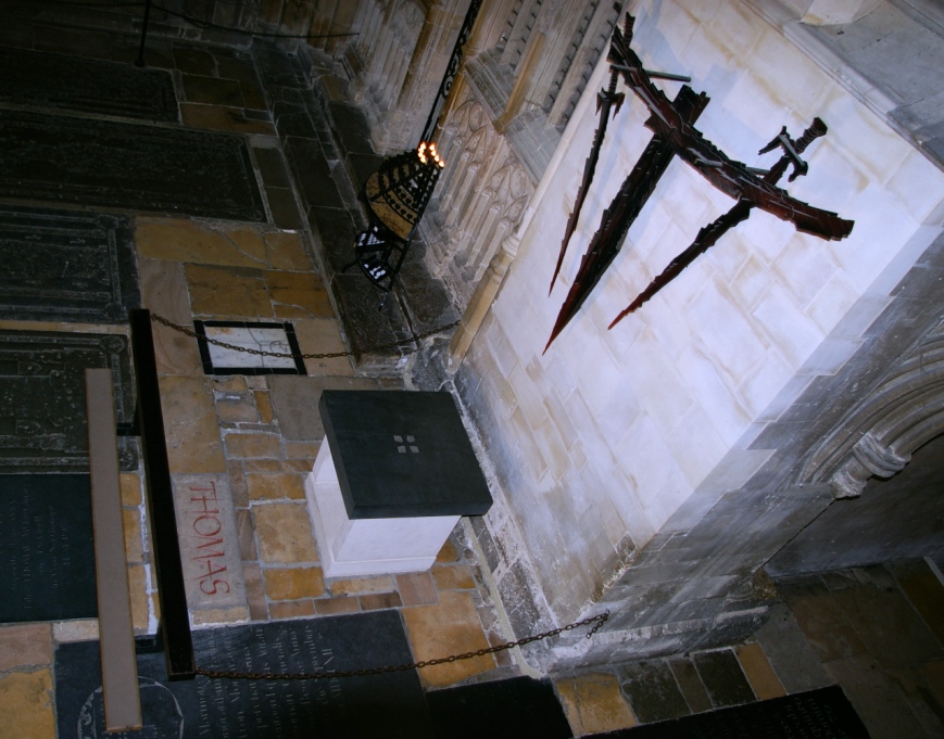 The north-west transept called the Martyrdom, with stone arcades, steps, memorial sculpture and altar marking the place of Thomas Becket's death.