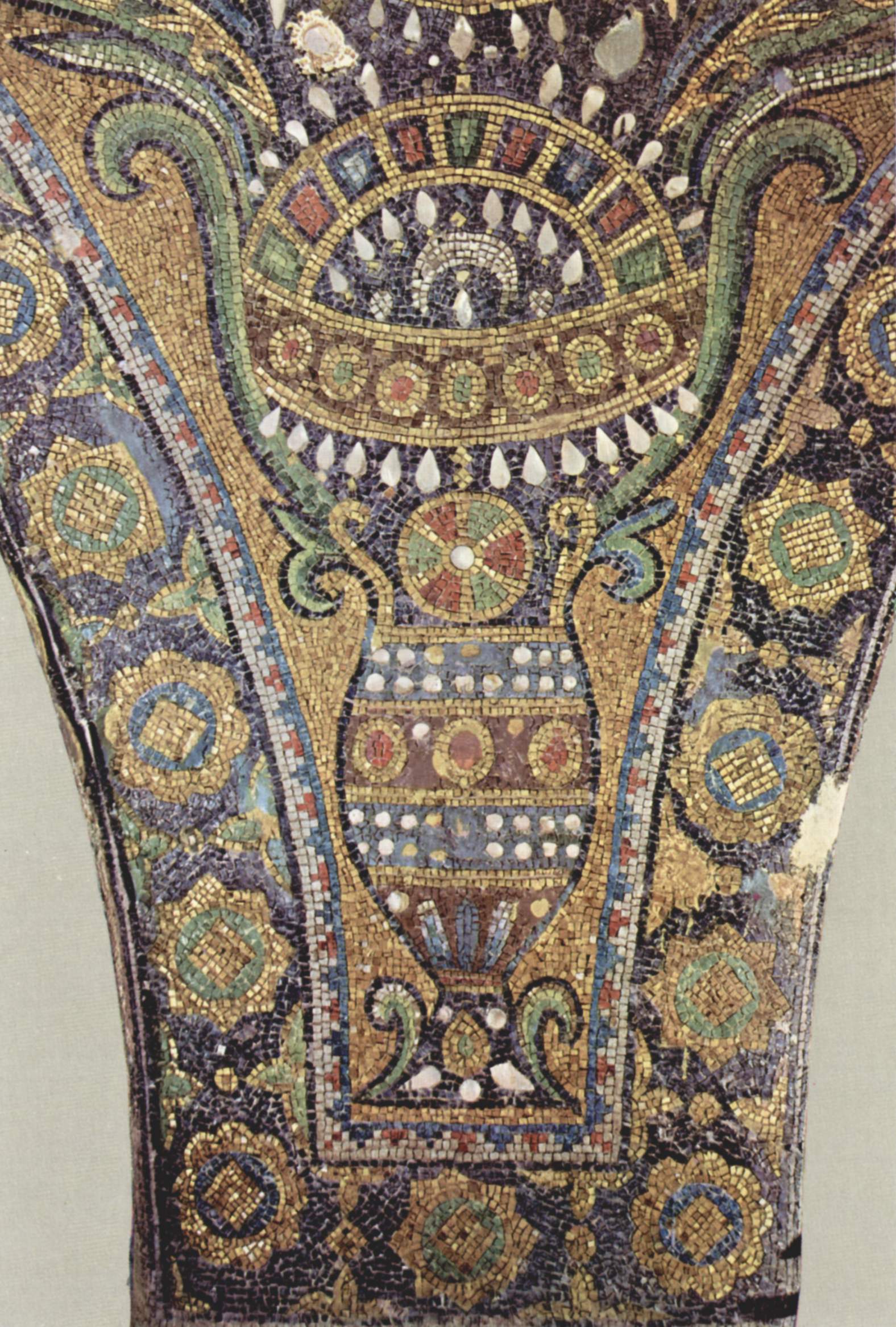 Glass mosaic tesserae form a crown-like hanging ornament, ornamental vase, foliage and jewel-coloured geometric accents.