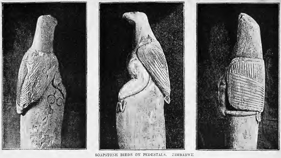 Three black-and-white historical views of carved soapstone bird figures on pedestals.