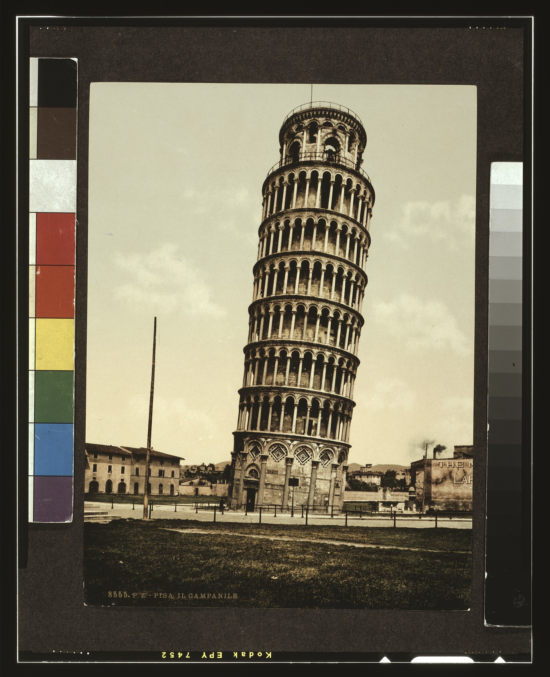 Late nineteenth-century photochrom of the Leaning Tower of Pisa after excavation of the catino around its base.