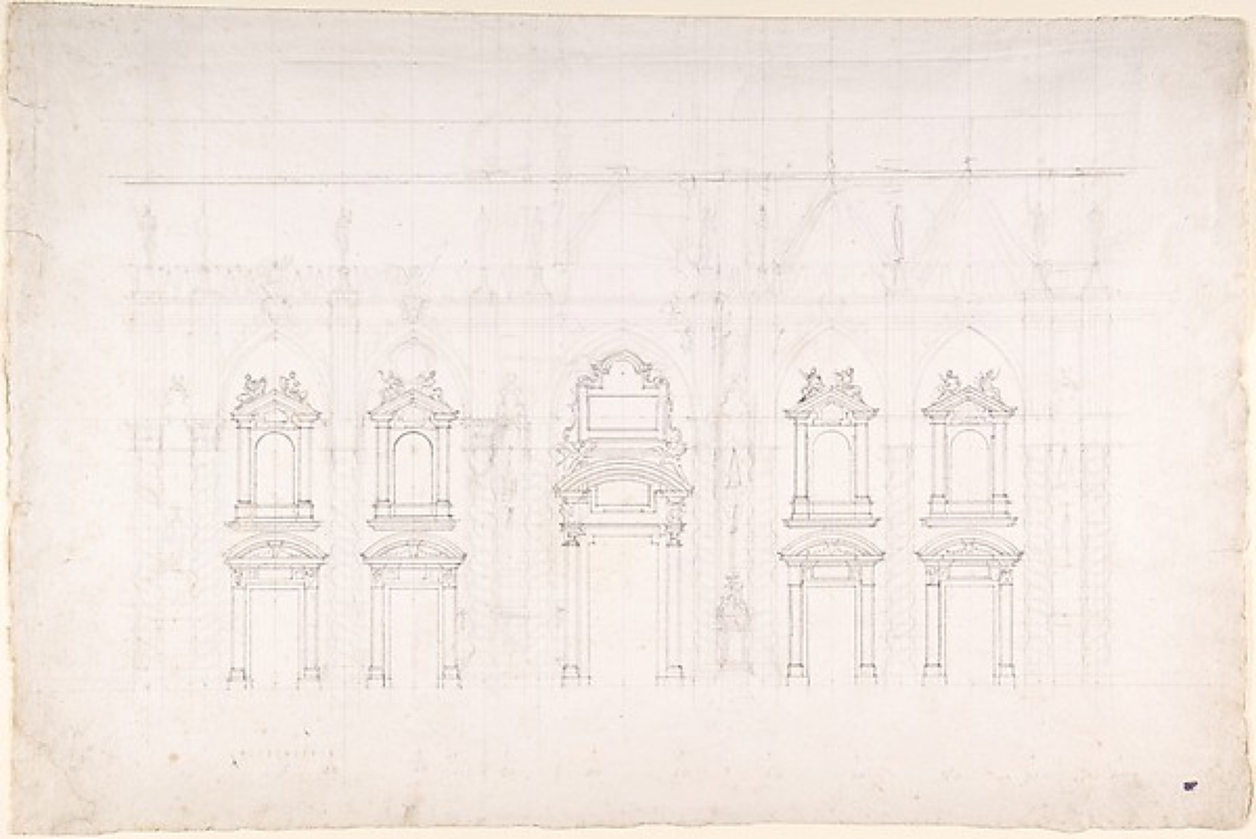 Luigi Vanvitelli’s faint graphite and ink study arranges five portal and window alternatives across a ruled sheet for Milan Cathedral’s façade.