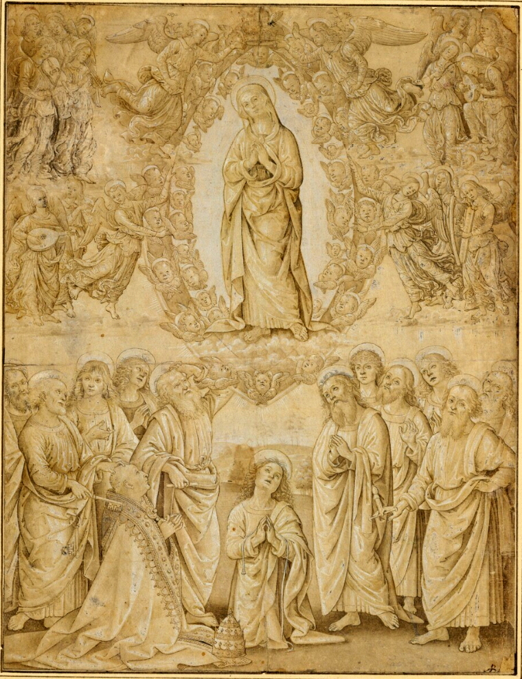 Historic drawing reconstructing Perugino’s lost Assumption of the Virgin from the Sistine Chapel altar wall.