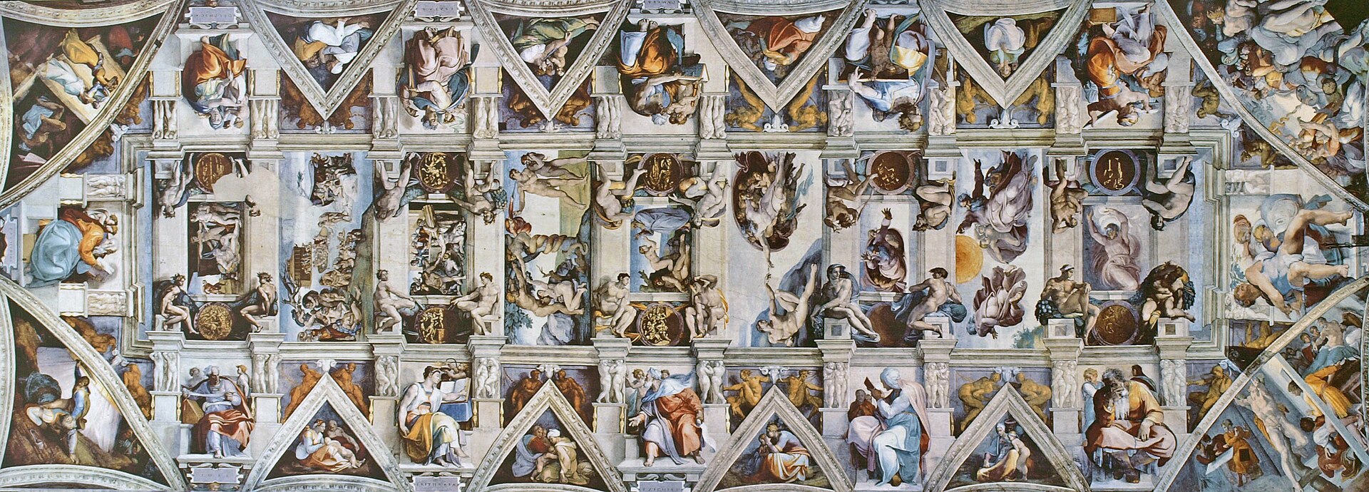 Wide overall view of Michelangelo’s Sistine Chapel ceiling and its painted architectural framework.