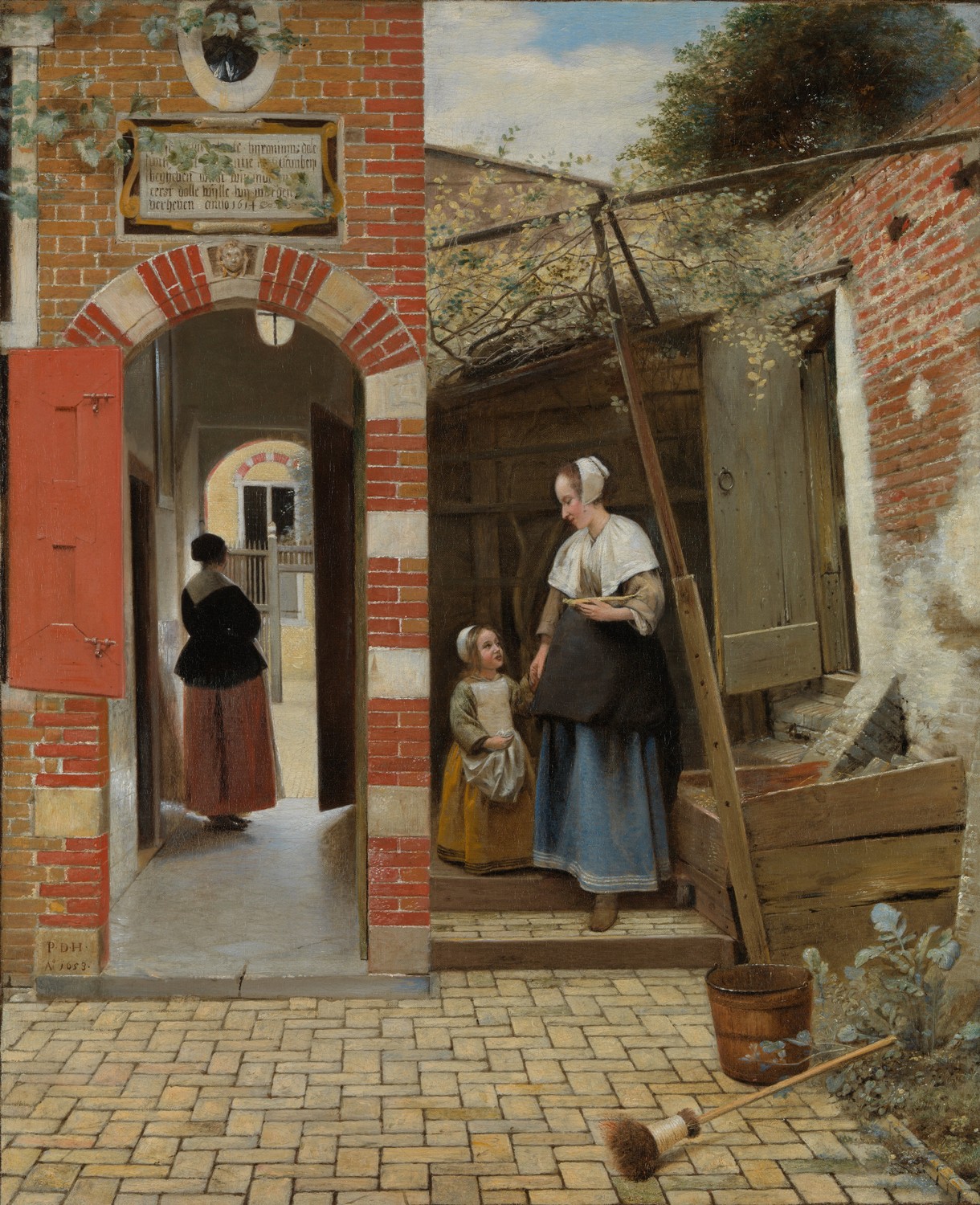 Painting of a maid and child in a brick courtyard, with another woman beyond a brick-and-stone arch and patterned tile paving.