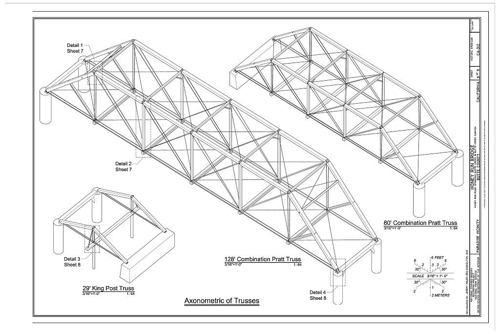 Engineering survey sheet of three differently sized timber bridge truss spans with piers and detail-sheet callouts.