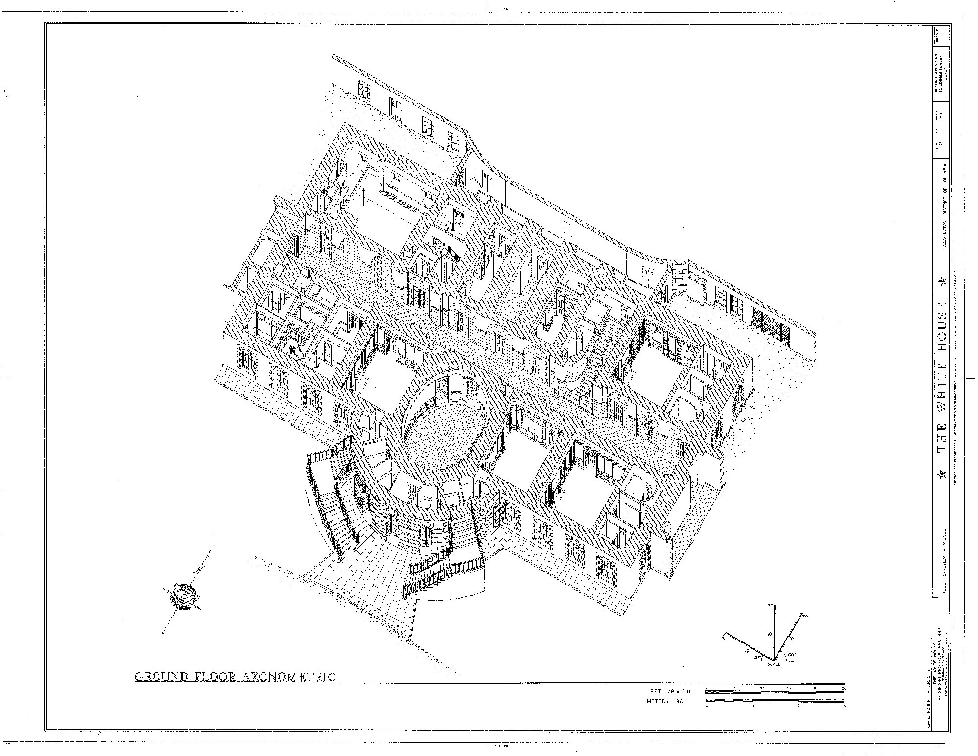 Black-and-white HABS survey sheet showing the White House ground floor opened to reveal rooms, passages and stairs.