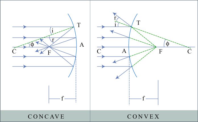 Two line diagrams compare the path of incident and reflected rays at concave and convex curved surfaces.