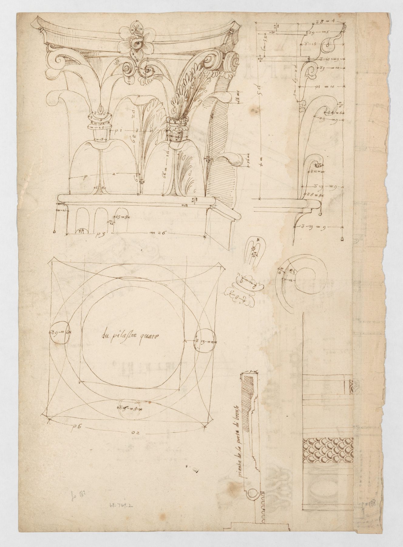 Historical architectural-detail sheet with capital elevation, profile measures, circular projection and a bronze-door sketch.