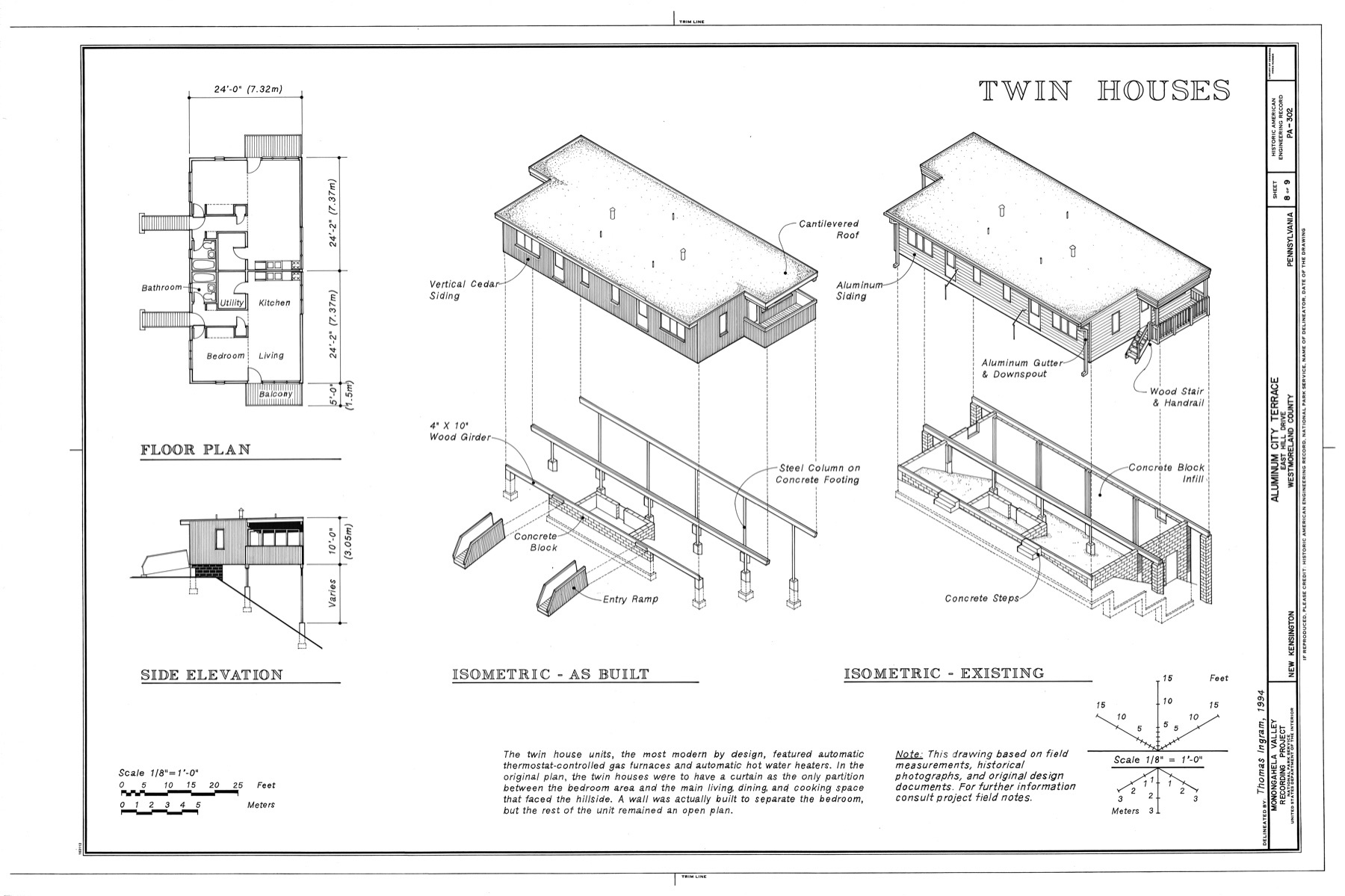 HAER sheet combining small house plans, elevations, material annotations and two distinct isometric twin-house views.