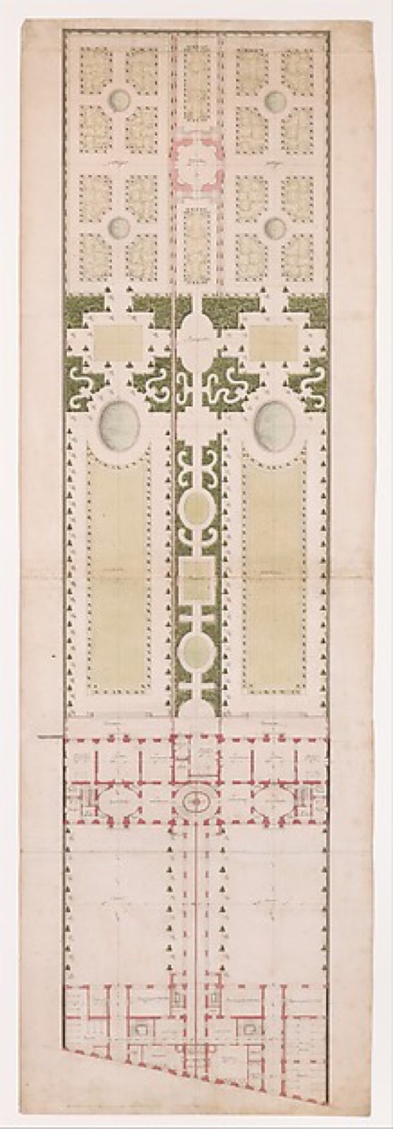 Long coloured plan linking the rooms of a Paris hôtel to symmetrically laid-out gardens.