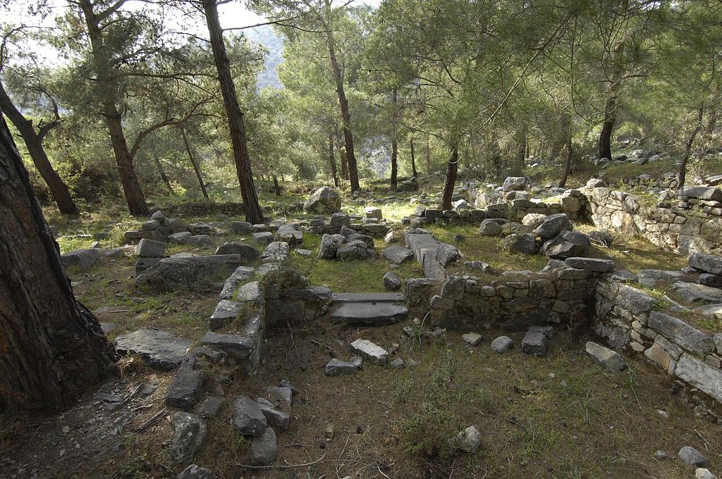 Low stone house walls and a surviving threshold among trees at Priene.