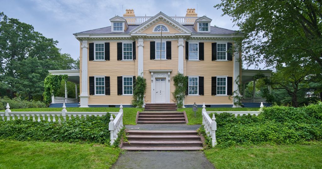 A yellow house has giant white pilasters, a central pediment, roof dormers and evenly spaced windows above garden steps.