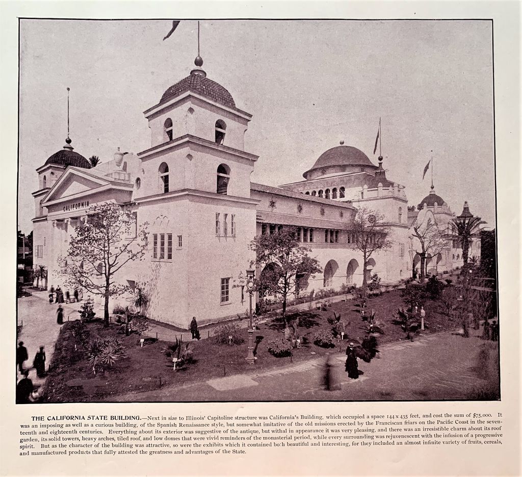 A printed period photograph shows a large pavilion with arcaded sides, towers and a central dome above its entrance; the original caption remains below.