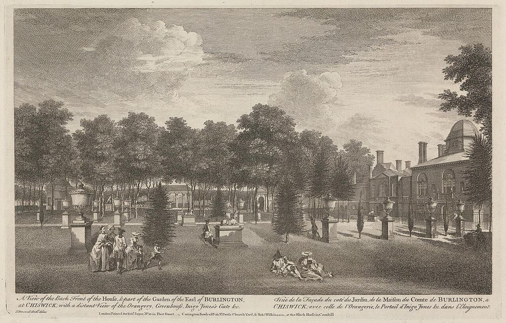 A historical engraving shows a symmetrical villa front and garden setting.