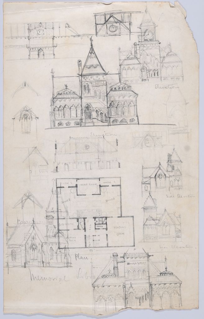 Pencil sketches on worn paper combine alternative towered elevations with pointed openings and a central floor plan.