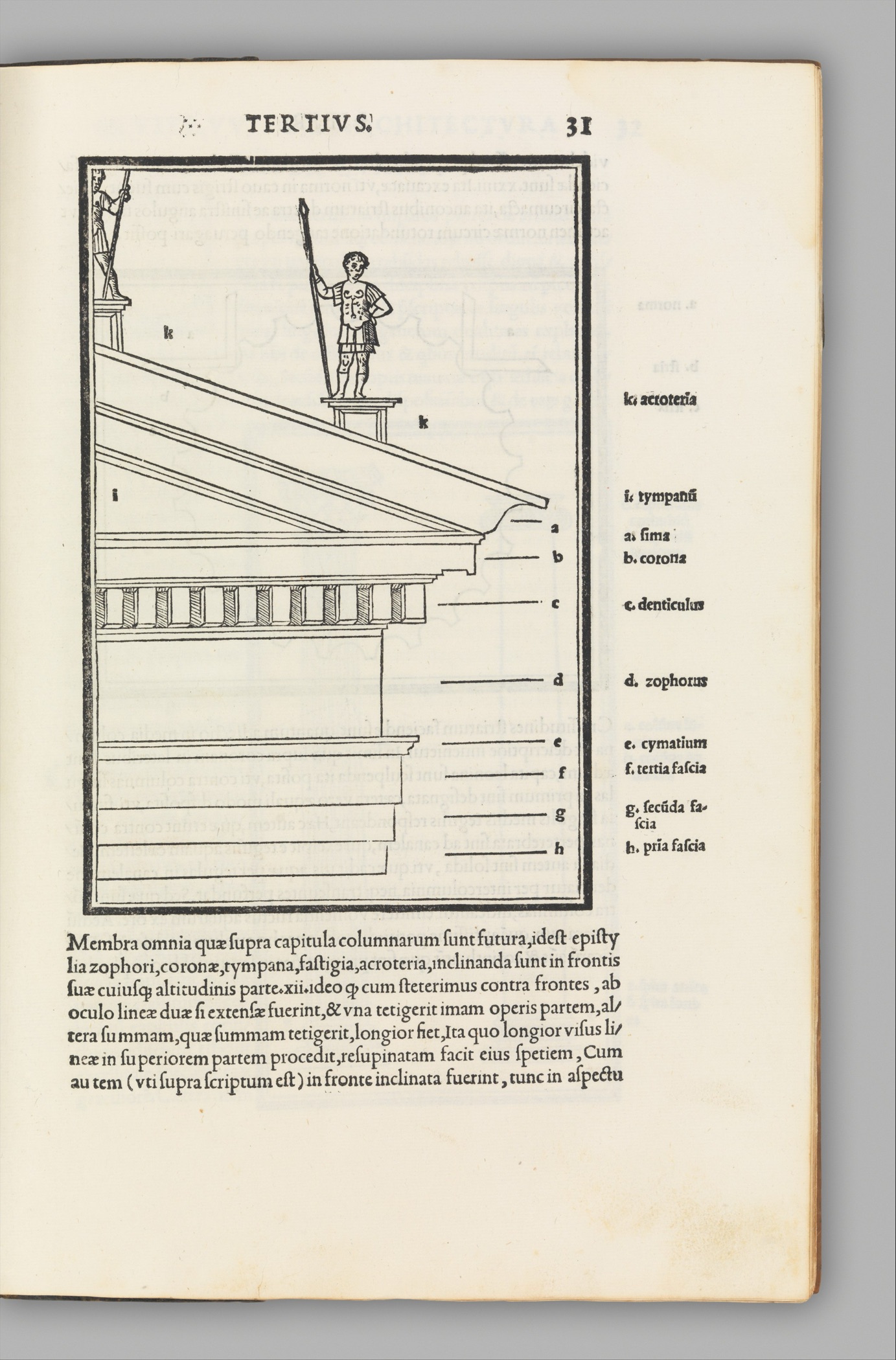 1511 illustrated Vitruvius book page with Latin writing and woodcut architectural parts.