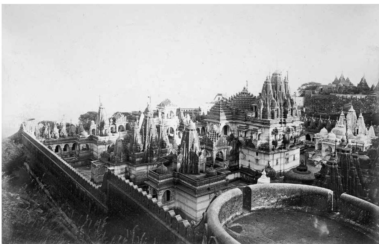 Edmund David Lyon 1869 black-and-white panorama of dense Jain temple buildings at Motisah Tuk, Shatrunjaya.