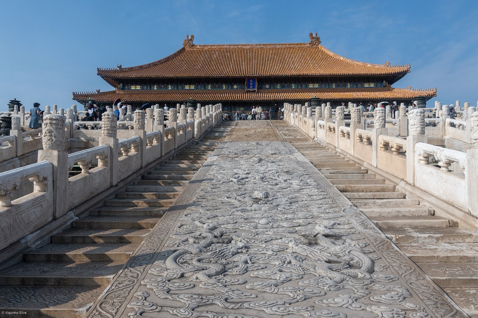Front view of Taihe Hall behind the repeated carved terrace balustrade in Beijing.