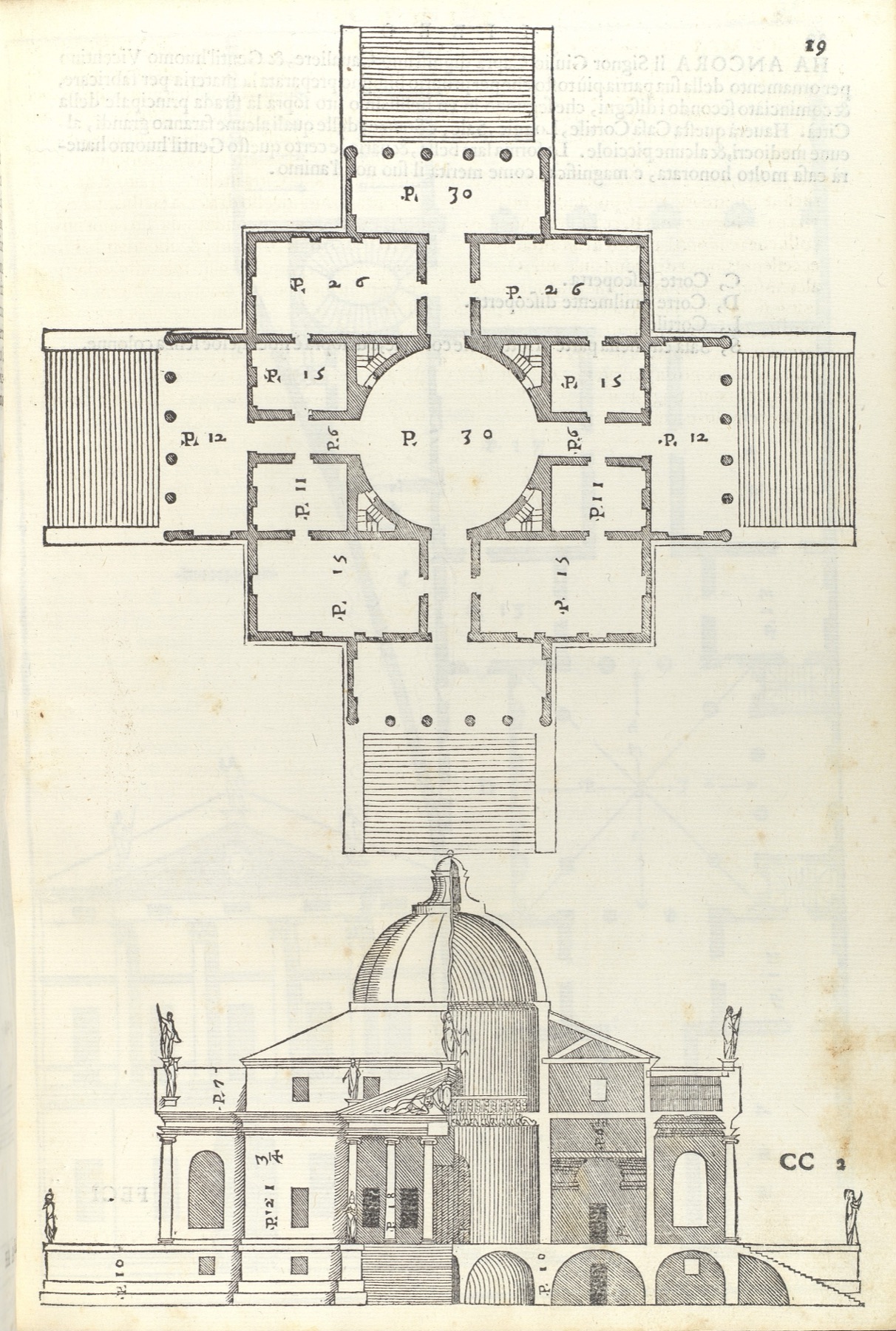 Palladio 1570 printed Villa Almerico page with cross-shaped plan and central circular sala above an elevation.