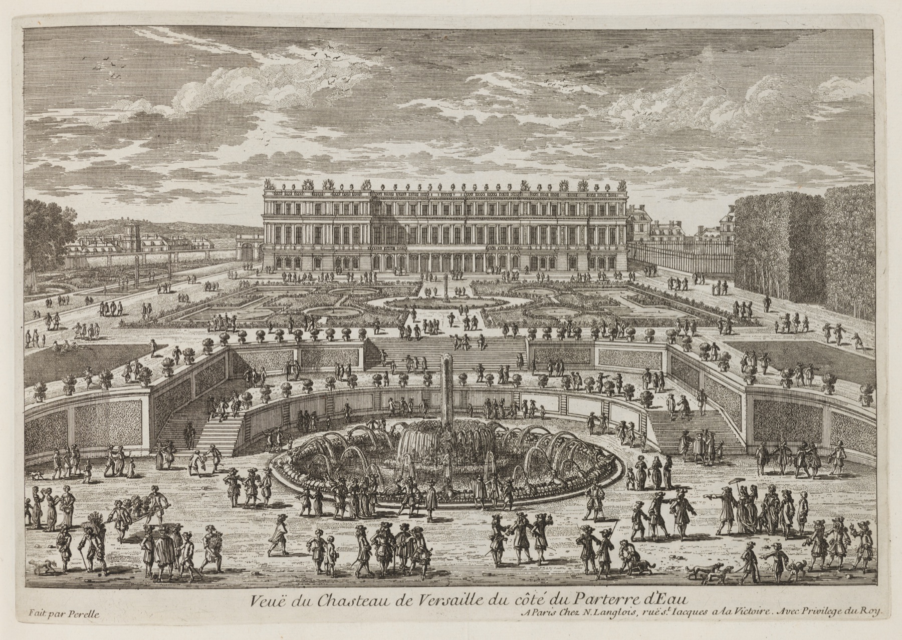 1680s etched panorama of Versailles garden facade, parterre, basin and crowds.