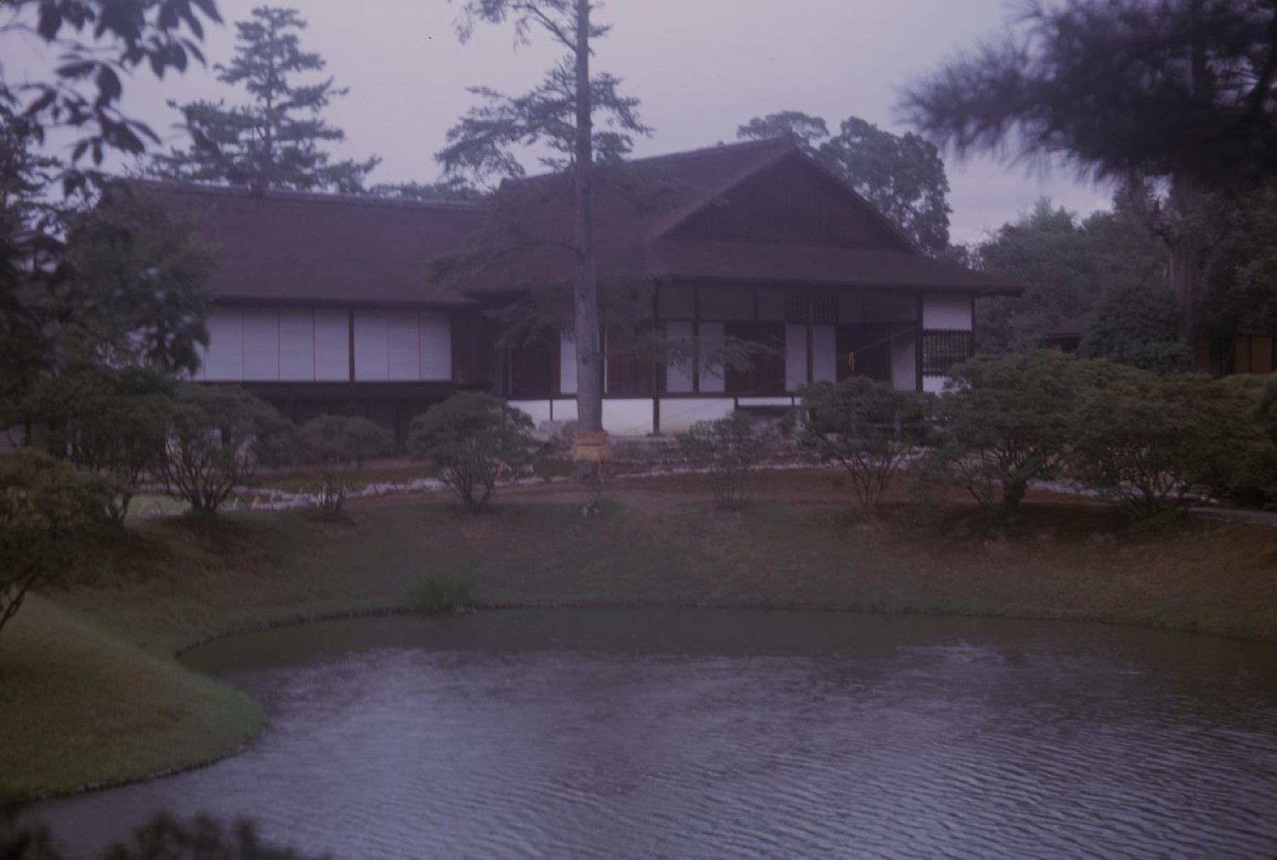 Archival colour photograph of timber Old Shoin building and planted foreground at Katsura Imperial Villa.