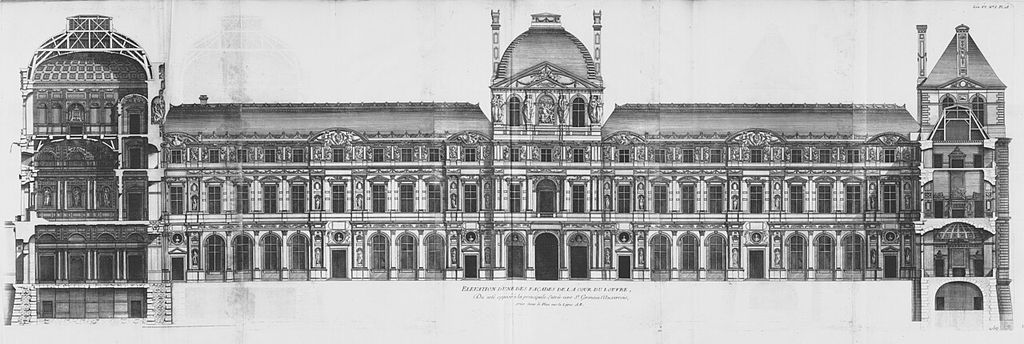 A wide monochrome architectural print shows a long richly ordered palace courtyard elevation between large cutaway building sections at both ends.