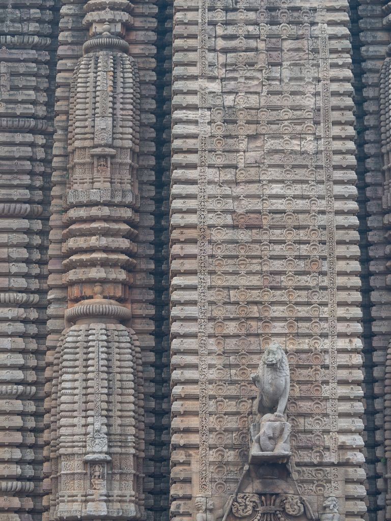 Dense grey-brown stone carving forms vertical bands, miniature towers and a projecting lion on a temple wall.