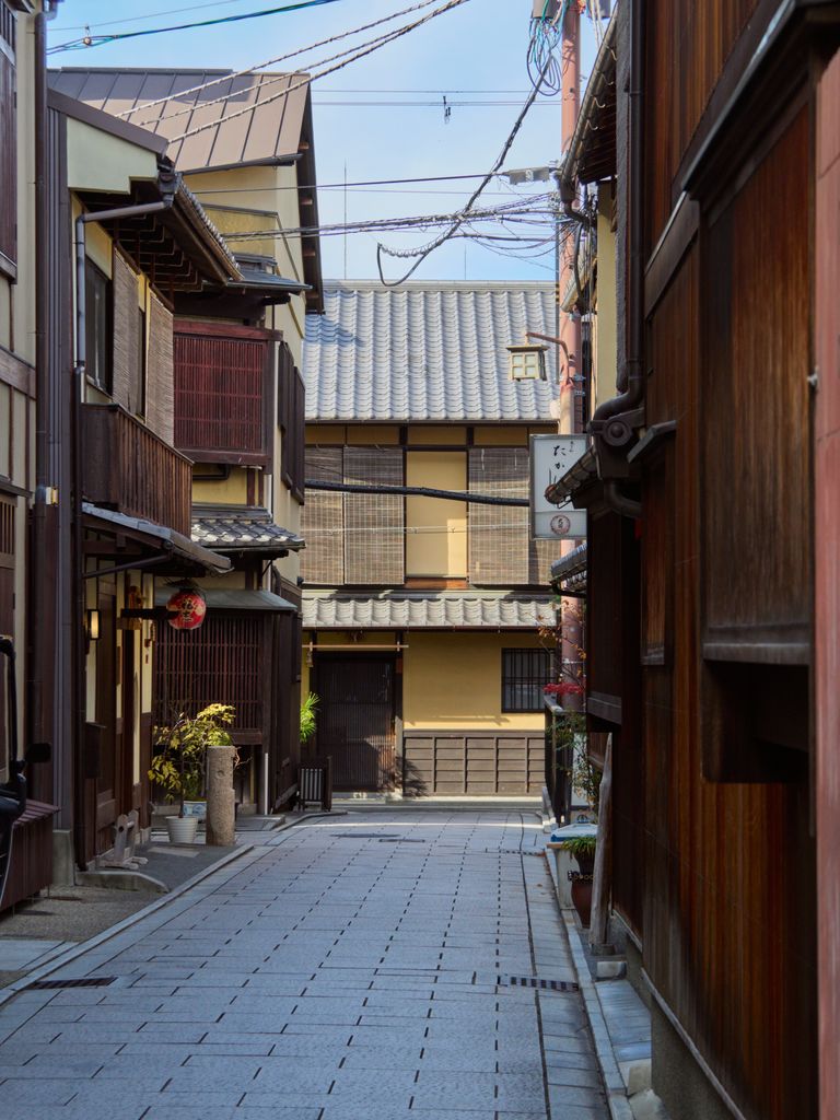 A narrow stone-paved lane runs between dark timber and plaster townhouses with lattices, eaves, plants and overhead wires.