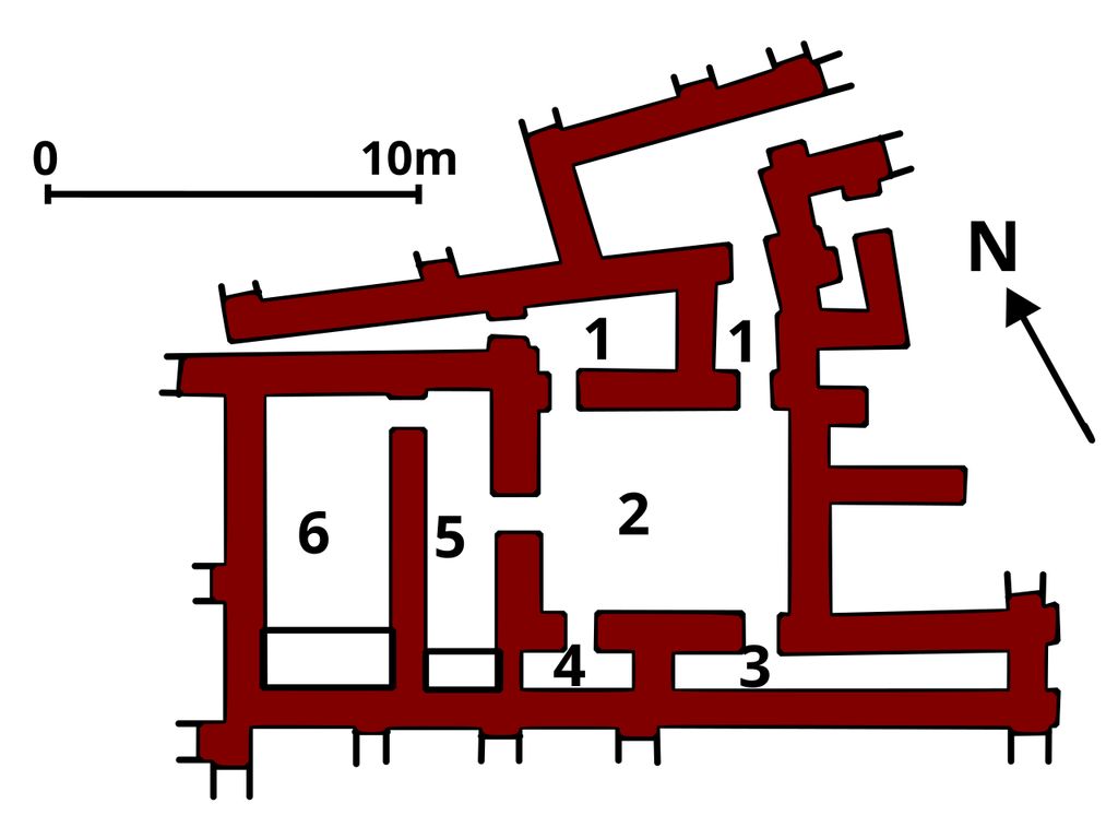 A red-and-white plan shows thick house walls, door openings and six numbered spaces around a central area, with a scale bar and north arrow.