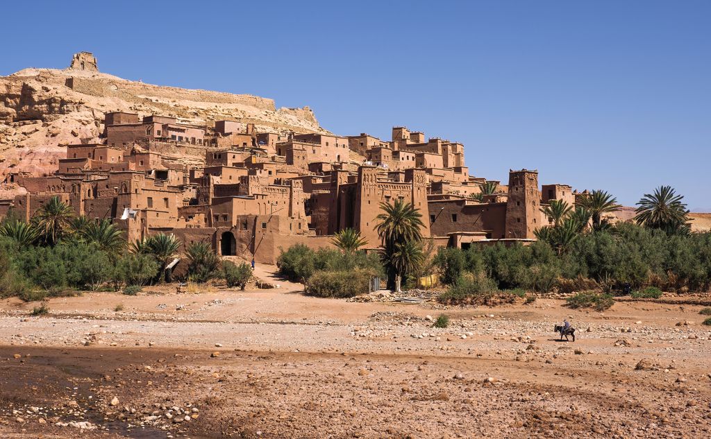 A dense hillside cluster of ochre earthen towers and houses rises behind palms and a dry stony foreground.