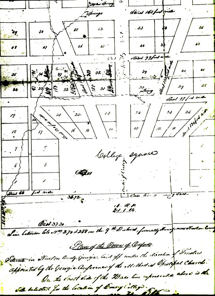 A map of the city plan drawn by Edward Lloyd Thomas of the town of Oxford and of Emory College.