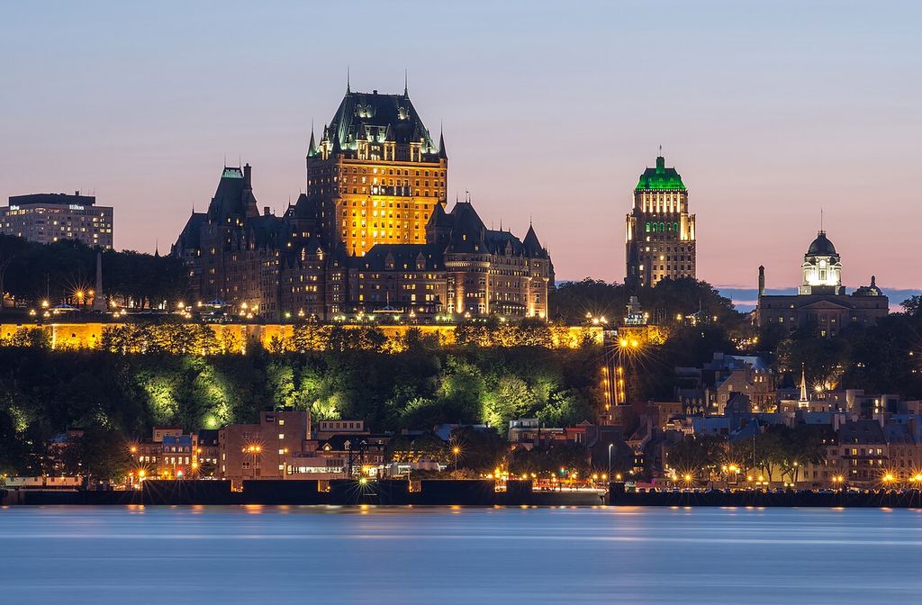Québec city at night, view from Lévis city, showing historic city plan map.