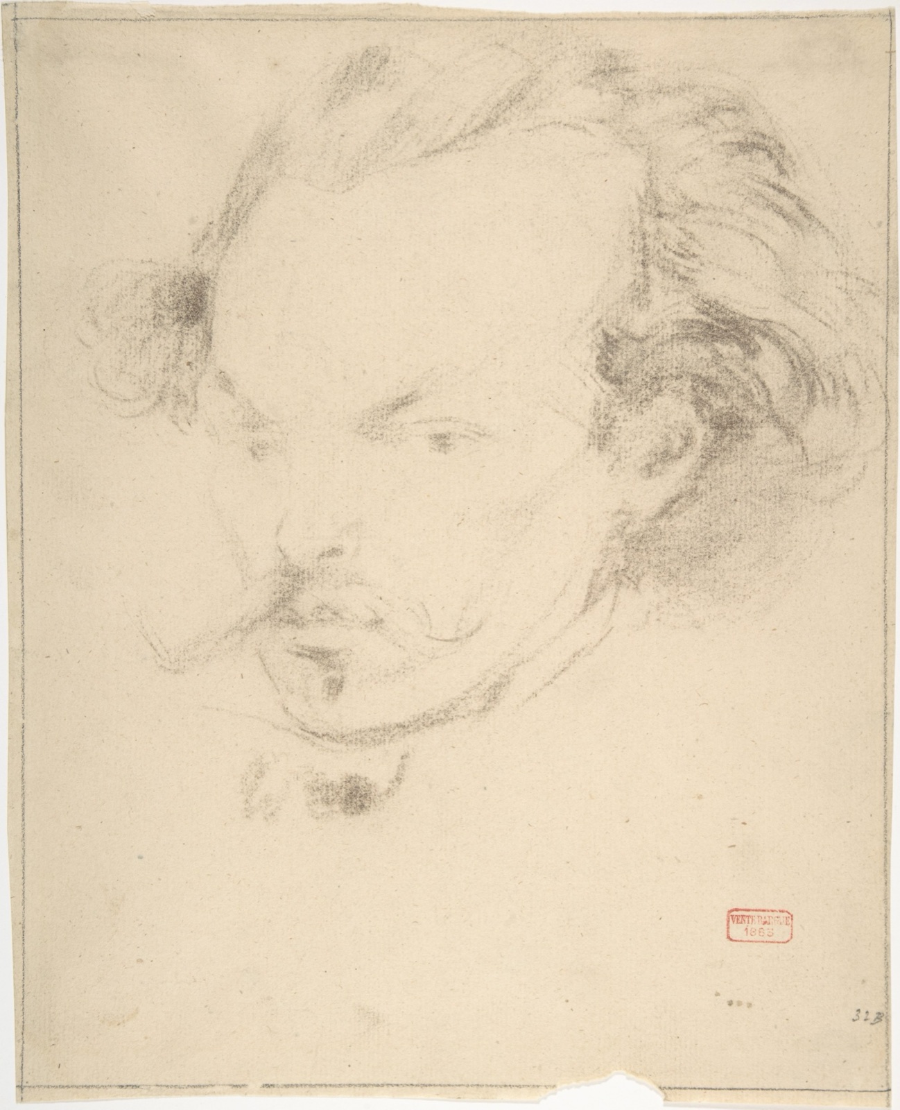 Dark-brown chalk portrait of a bearded man shown in three-quarter view