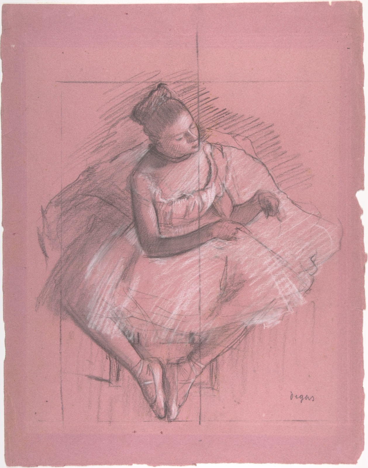 Seated ballet dancer drawn in graphite and charcoal on pink paper
