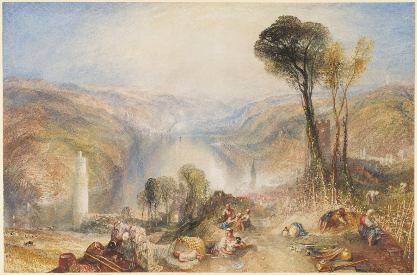 View down the Rhine from vineyards near Oberwesel, with figures resting above a luminous river valley
