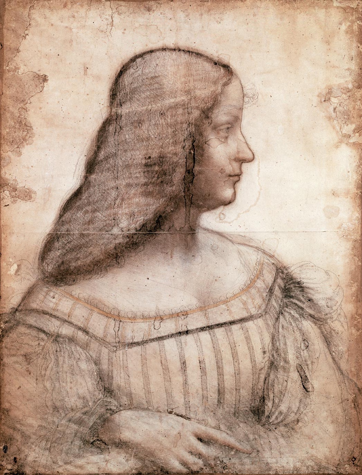 Profile portrait cartoon of Isabella d'Este with her head turning toward the viewer