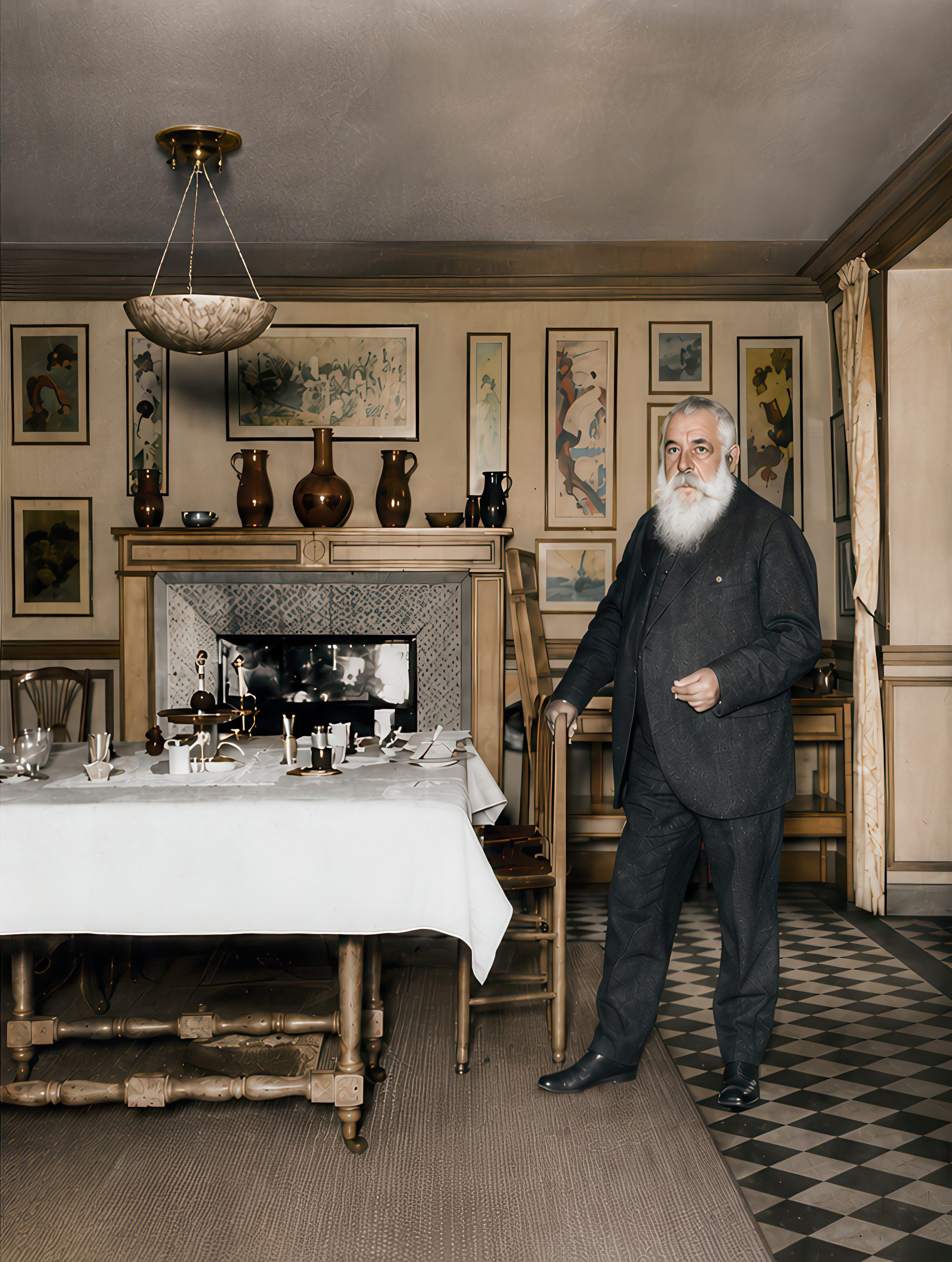 Claude Monet standing beside his Japanese print collection at Giverny