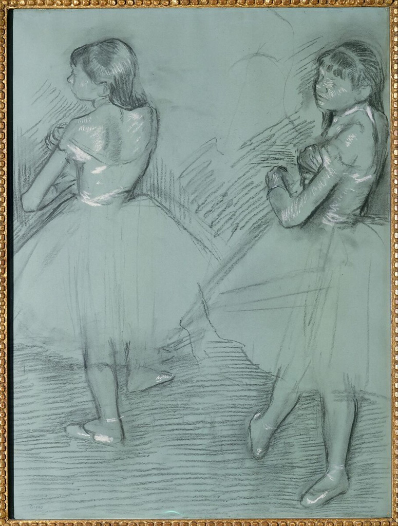 Edgar Degas, Two Dancers, a historical drawing in Charcoal and white chalk on green commercially coated wove paper.