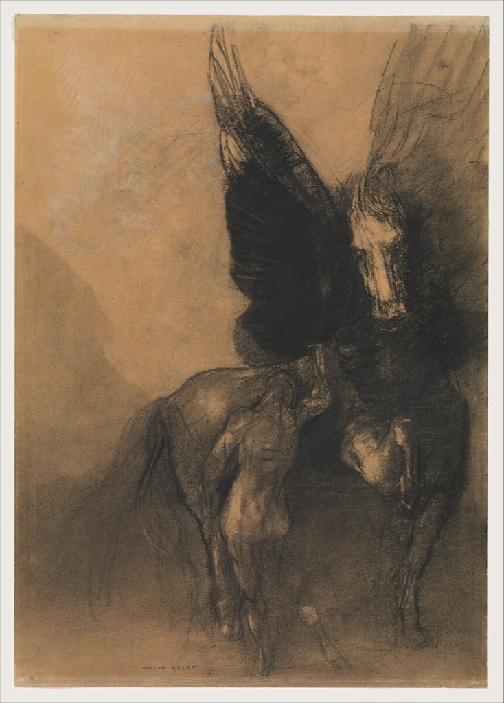 Odilon Redon, Pegasus and Bellerophon, a historical drawing in Charcoal, charcoal with water wash, white chalk, conté crayon, and highlighting by erasure on buff papier bleuté.