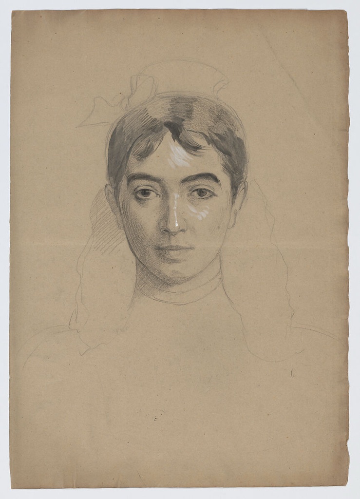 Marie Bracquemond, Self-portrait study, a historical drawing in Charcoal, brown wash, and white gouache (recto); graphite (verso).