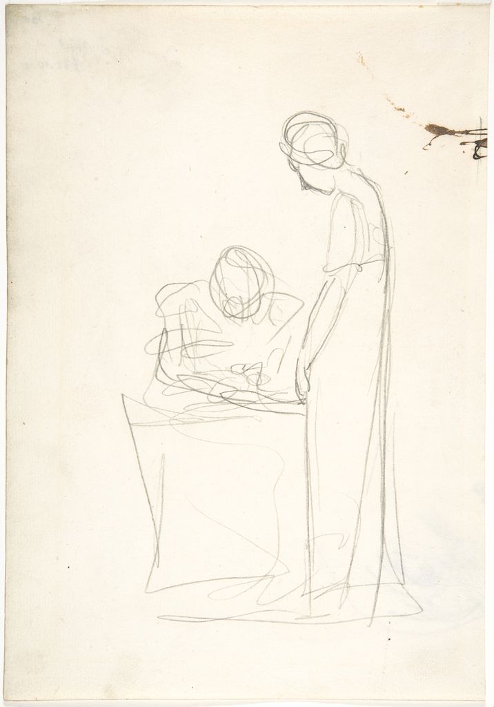 George Romney, Study of two figures, a historical drawing in Graphite with traces of pen and brown ink at upper right.