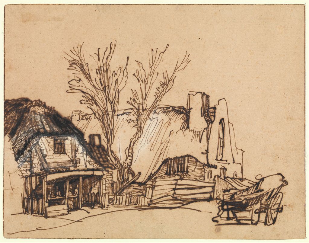 Rembrandt (Rembrandt van Rijn), Two Cottages, a historical drawing in Pen and brown ink (gallnut ink, possibly only partially), corrected with white chalk and/or body color..